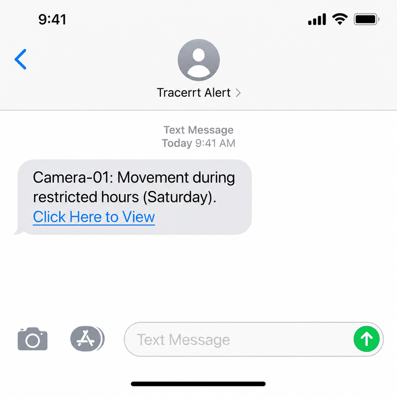 SMS alert from Tracerrt showing movement during restricted hours