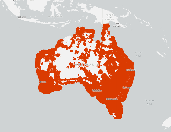 NB-IoT tracker network coverage map showing Telstra IoT coverage across Australia